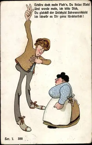 Künstler Ak Stolze Maid, Dicke kleine Frau, Mann, Humor, Liebe