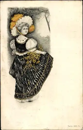 Litho Noble Frau in Tracht, Kleid, Hut mit Federn, Standportrait