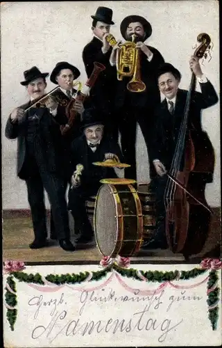 Ak Musizierende Männer, Glückwunsch, Trommel, Kontrabass, Geige, Musikinstrumente