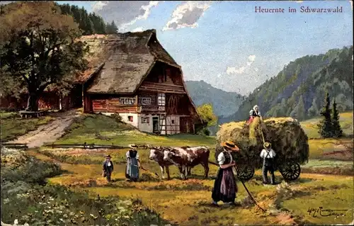 Künstler Ak Heuernte im Schwarzwald, Bauern, Fuhrwerk, Bauernhaus