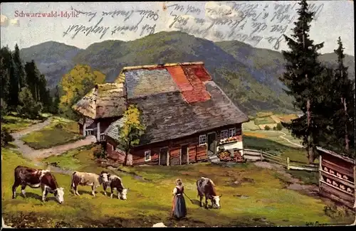 Künstler Ak Schwarzwald-Idyll, Bauern, Bauernhaus, Kühe