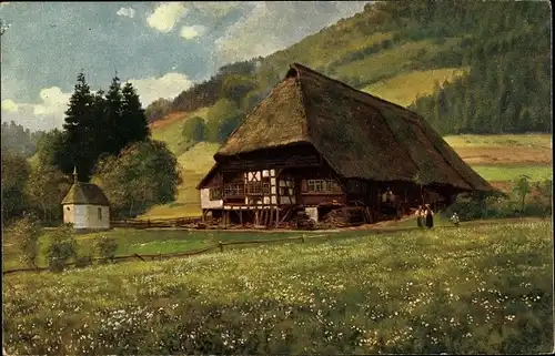Künstler Ak Hoffmann, H., Schwarzwald, Schwarzwaldhaus mit Kapellchen