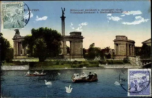 Ak Budapest Ungarn, Millenniumsdenkmal, Stadtwäldchen Teich
