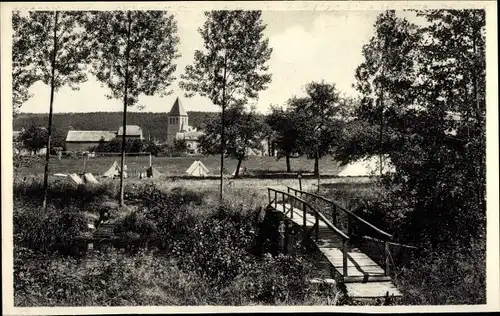 Ak Han sur Lesse Rochefort Wallonien Namur, Ortsansicht, Steg, Kirche, Zelte