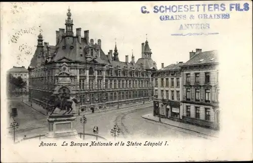 Ak Anvers Antwerpen Flandern, Die Nationalbank, Statue Leopold I