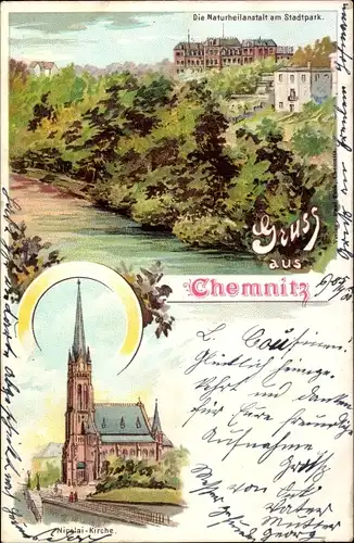 Litho Chemnitz in Sachsen, Naturheilanstalt am Stadtpark, Nikolai-Kirche