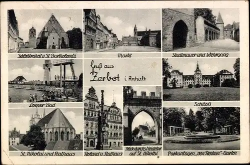 Ak Zerbst in Anhalt, Markt, Stadtmauer, Wehrgang, Schloss, St. Nikolai-Kirche, Rathaus