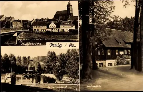 Ak Penig in Sachsen, Schwimmbad, Höllmühle, Muldenbrücke