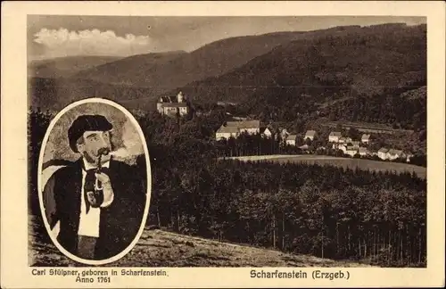 Ak Scharfenstein Erzgebirge, Portrait Carl Stülpner, Panorama des Ortes