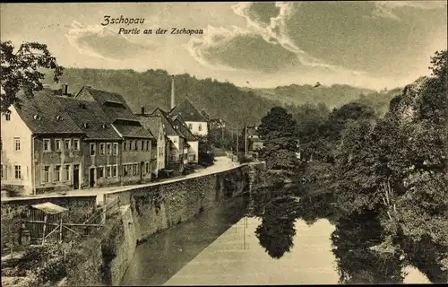 Ak Zschopau im Erzgebirge Sachsen, Fluss, Wohnhäuser