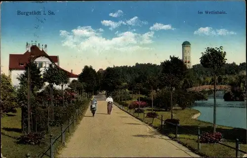 Ak Burgstädt in Sachsen, Wettinhain, Spaziergänger, Turm