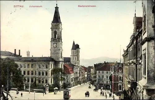 Ak Zittau in Sachsen, Johanneum, Bautznerstraße, Straßenbahn