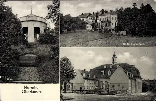 Ak Herrnhut in der Oberlausitz Sachsen, Unitätskinderheim, Kirche, Altan