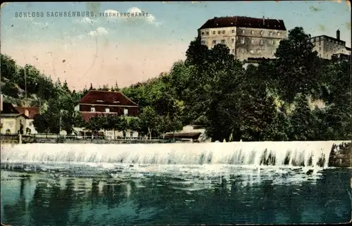 Ak Frankenberg an der Zschopau, Schloss Sachsenburg, Fischerschänke, Wehr