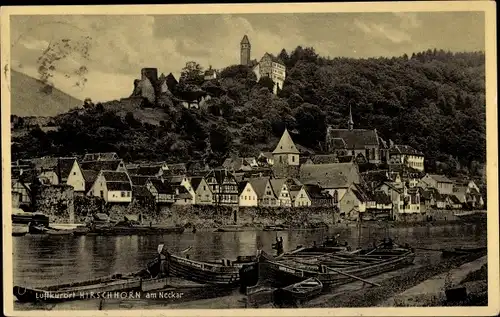 Ak Hirschhorn am Neckar Hessen, Totalansicht, Ruderboote