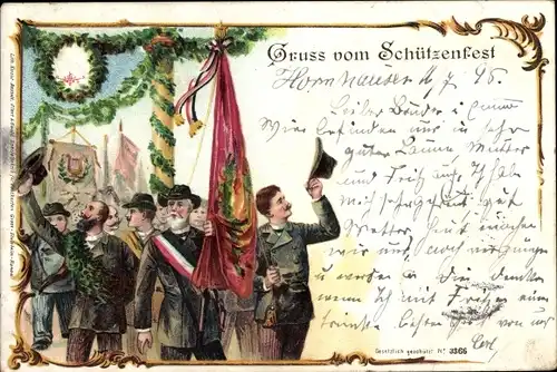 Litho Schützenfest, Besucher, Fahne, Kranz, Sieger