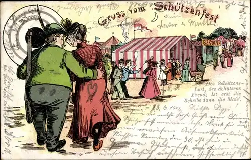 Litho Schützenfest, Liebespaar, Schütze, Schießscheibe, Besucher