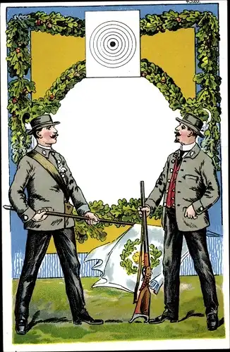 Litho Zwei Schützen, Schießscheibe, Gewehr, Eichenlaub