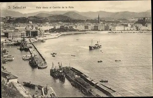 Ak Donostia San Sebastian Baskenland, Panorama vom Castillo de la Mota gesehen, Schiffe