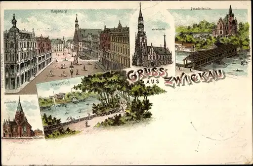 Litho Zwickau in Sachsen, Marienkirche, Moritzkirche, Paradiesbrücke, Hauptmarkt, Schwanenteich