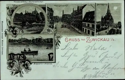 Mondschein Litho Zwickau in Sachsen, Paradiesbrücke, Hauptmarkt, Moritzkirche, Schwanenschloss