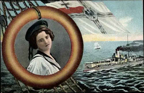 Ak Deutsches Kriegsschiff, Frau in Matrosenuniform, Fahne