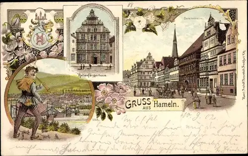 Wappen Litho Hameln in Niedersachsen, Rattenfängerhaus, Osterstraße