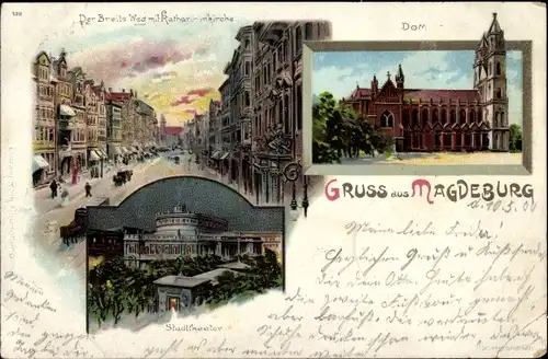 Litho Magdeburg an der Elbe, Breiter Weg, Katharinenkirche, Dom, Stadttheater