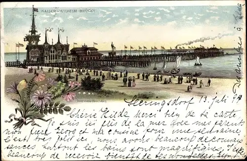 Vorläufer Litho Ostseebad Heringsdorf auf Usedom, Kaiser Wilhelm Brücke, Strandpartie