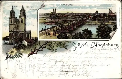 Litho Magdeburg an der Elbe, Dom, Gesamtansicht, Brücke
