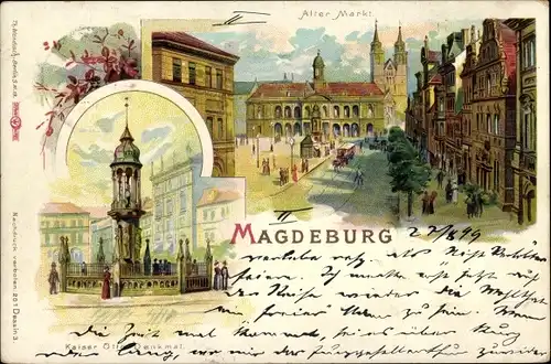 Litho Magdeburg in Sachsen Anhalt, Alter Markt, Kaiser Otto Denkmal