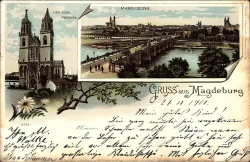 Litho Magdeburg an der Elbe, Dom, Gesamtansicht, Brücke