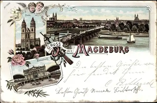 Litho Magdeburg in Sachsen Anhalt, Bahnhof, Dom, Brücke, Flusspartie, Engel