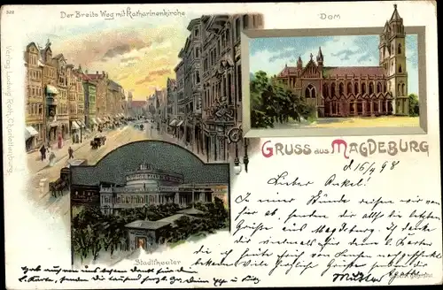 Litho Magdeburg an der Elbe, Breiter Weg, Katharinenkirche, Dom, Stadttheater
