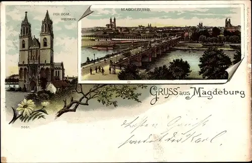 Litho Magdeburg an der Elbe, Dom, Blick auf den Ort