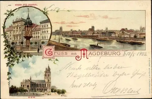 Litho Magdeburg, Gesamtansicht, Dom, Kaiser Otto Denkmal