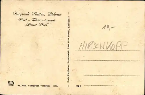 Ak Horní Blatná Bergstadt Platten Erzgebirge Reg. Karlsbad, Hotel-Weinrestaurant Blauer Stern