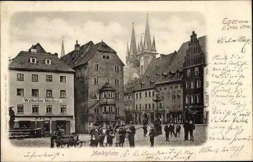 Ak Cheb Eger Region Karlsbad, Marktplatz, Geschäft von Wilhelm Müller