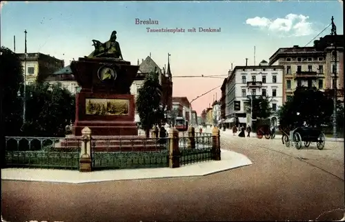 Ak Wrocław Breslau Schlesien, Tauentzienplatz mit Denkmal, Kutsche