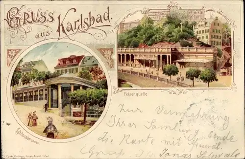 Litho Karlovy Vary Karlsbad Stadt, Schlossbrunnen, Felsenquelle