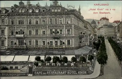 Ak Karlovy Vary Karlsbad Stadt, Hotel Kroh vis a vis dem Stadtpark