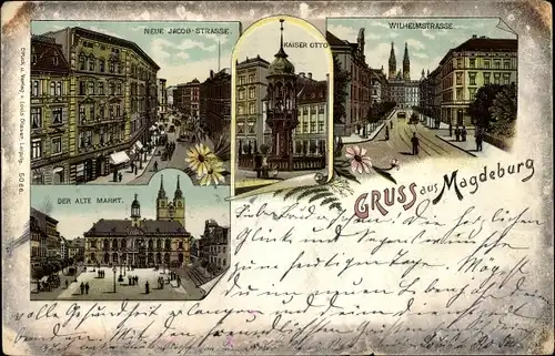 Litho Magdeburg, Neue Jacobstraße, Kaiser Otto Denkmal, Wilhelmstraße, Alter Markt