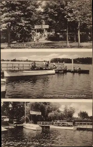 Ak Senzig Königs Wusterhausen, Restaurant Seeschlösschen, Anlegesteg