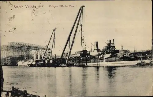 Ak Szczecin Stettin Pommern, Vulkan Werft, Kriegsschiffe im Bau