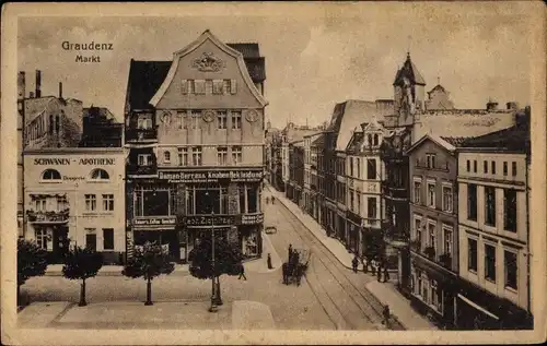 Ak Grudziądz Graudenz Westpreußen, Markt, Schwanen Apotheke, Modehandlung