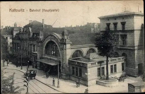 Ak Katowice Kattowitz Oberschlesien, Bahnhof, Hauptportal