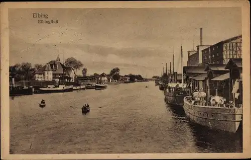 Ak Elbląg Elbing Westpreußen, Flusspartie, Gebäude