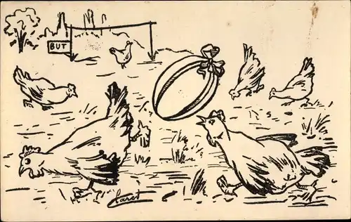 Künstler Ak Glückwunsch Ostern, Hühner spielen mit Osterei Fußball