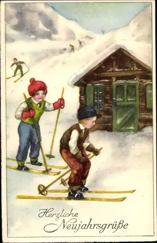 Ak Glückwunsch Neujahr, Kinder auf Skiern, Hütte