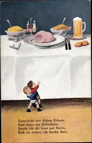 Künstler Ak Hoffmann, Ad., Zwei kleine Kinder vor gedecktem Tisch, Sauerkohl mit dicken Erbsen